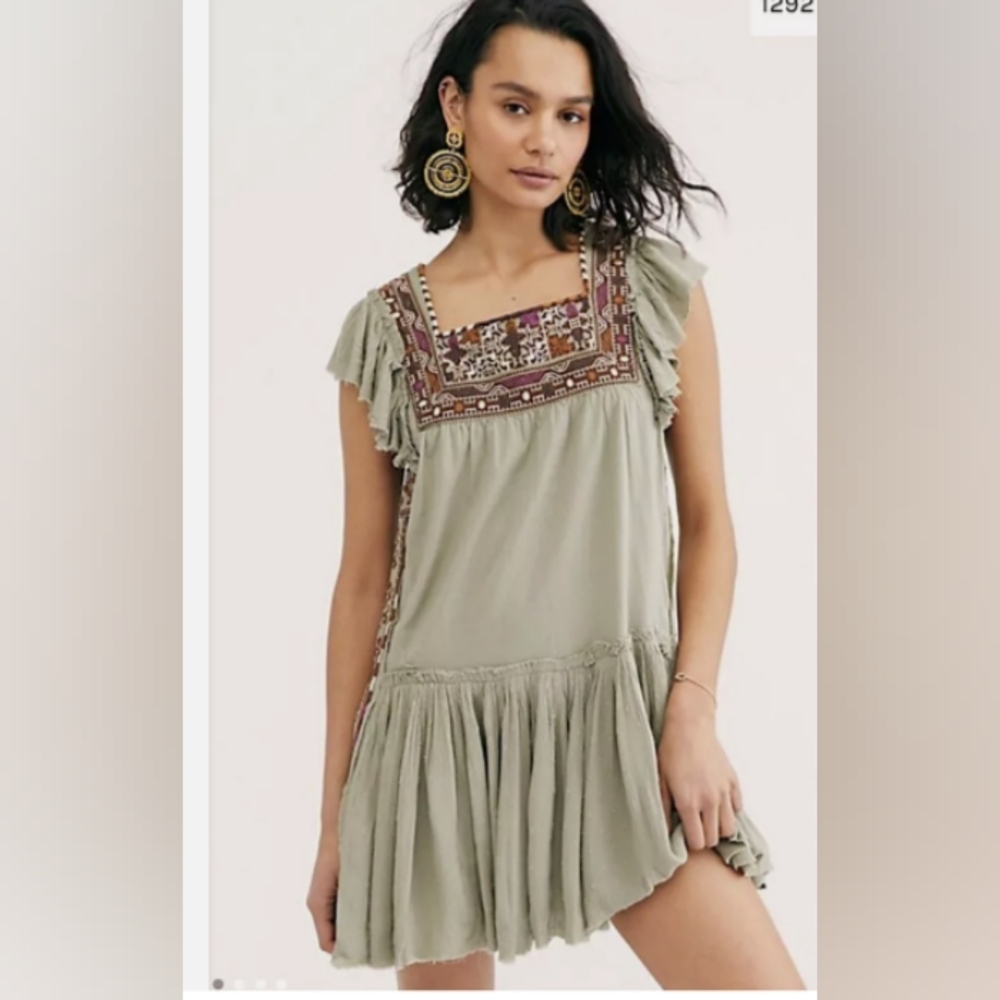 Free People Day Glow Mini Dress M Spanish Moss Combo Green Embroidered